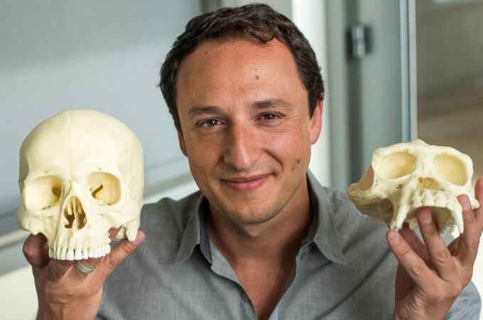 Profesor Alysson Muotry sujetando dos moldes de cráneos de primates (el de la izquierda es de un sapiens)