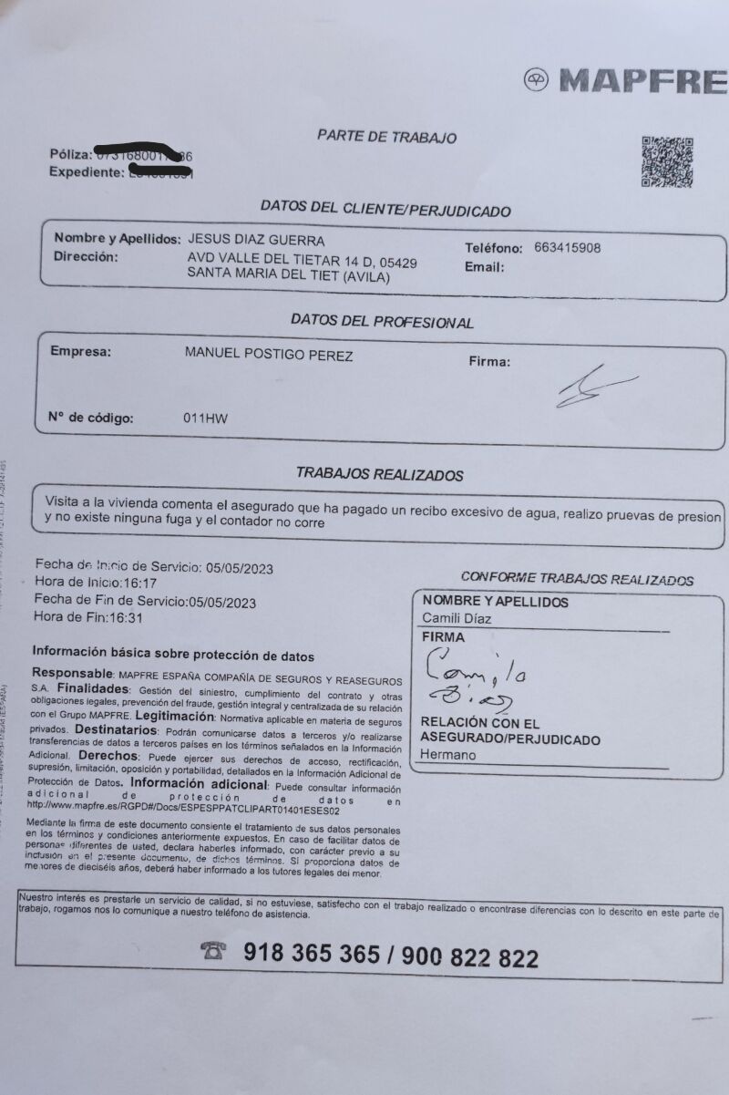 Informe de Mapfre donde explica que no ha habido fuga en alguna en el domicilio de Jesús