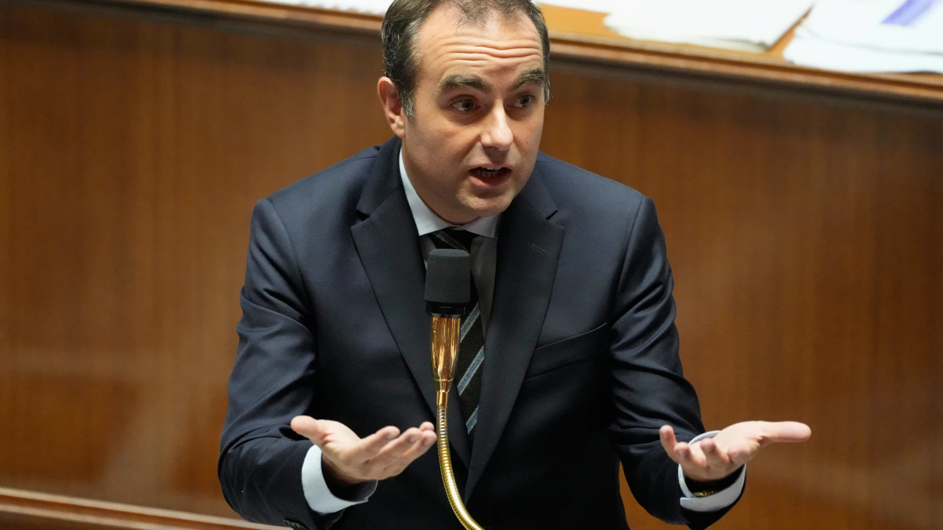 French Prime Minister Sebastien Lecornu speaks during the questions and answers to the government session, Wednesday, Oct. 15, 2025 at the National Assembly in Paris. (AP Photo/Michel Euler)