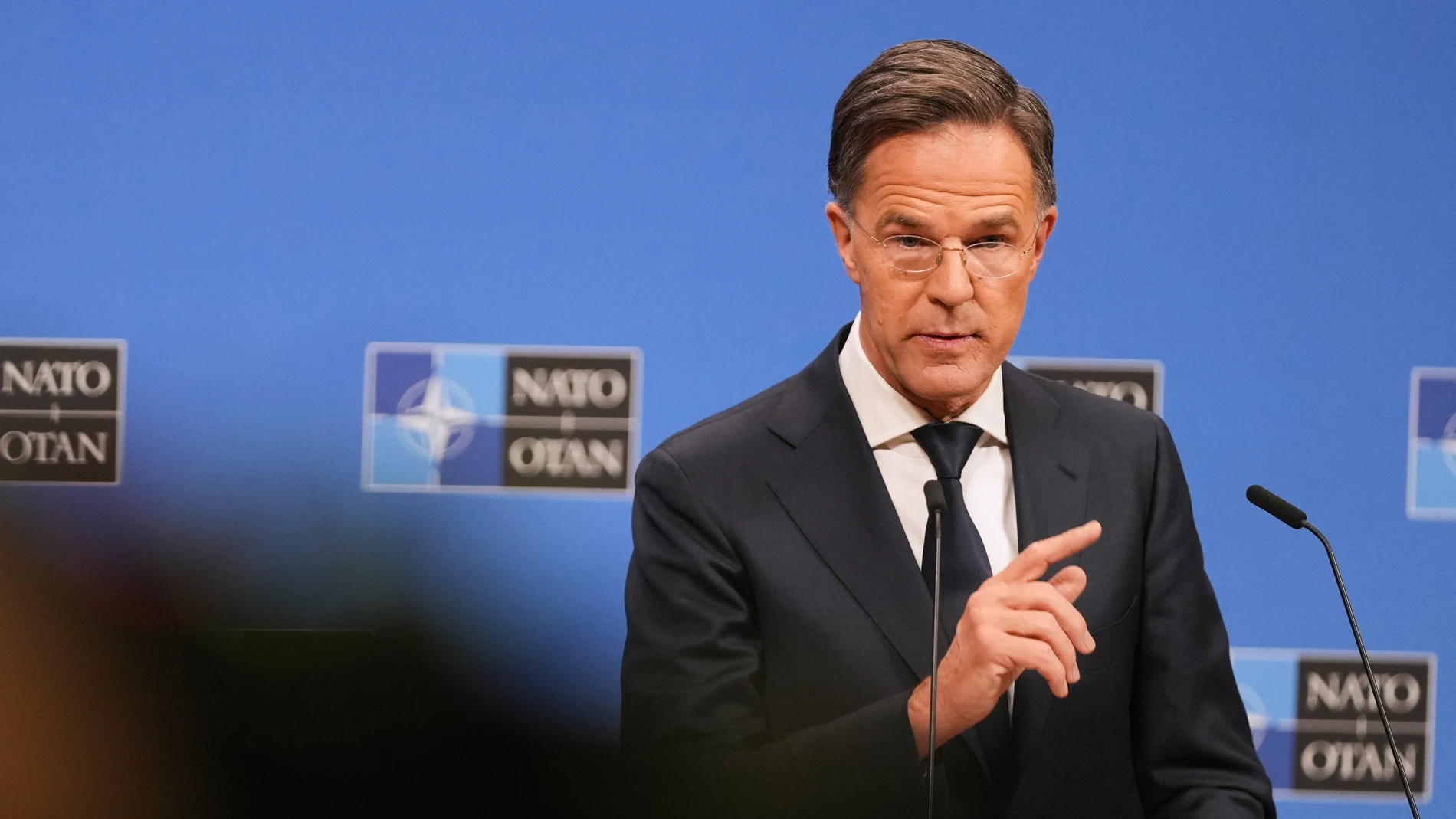 NATO Secretary General Mark Rutte addresses a media conference during a meeting of NATO defense ministers at NATO headquarters in Brussels, Wednesday, Oct. 15, 2025 (AP Photo/Virginia Mayo)