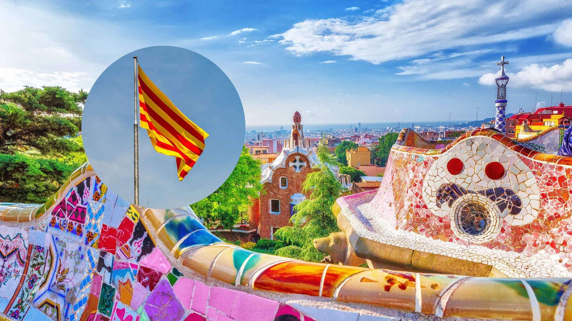 Imagen de Barcelona junto con una bandera de Cataluña