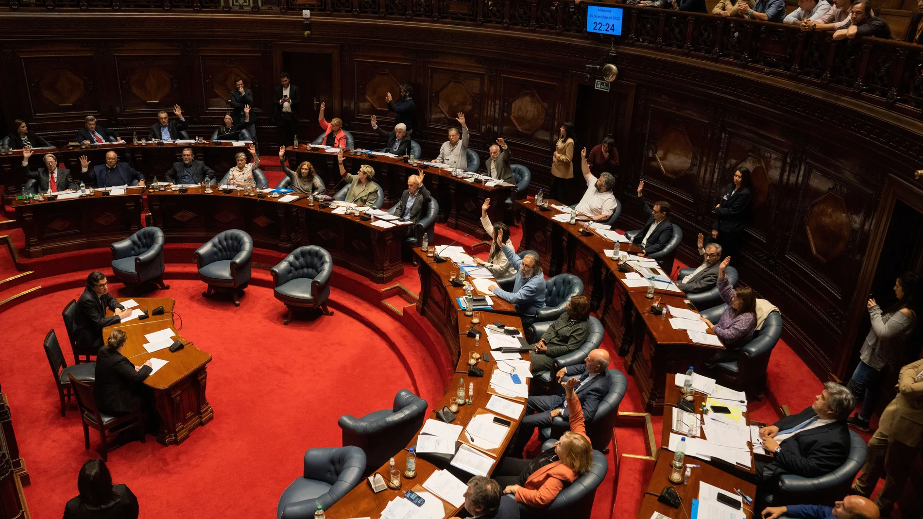Senators vote in favor of a bill to legalize euthanasia, in Montevideo, Uruguay, Wednesday, Oct. 15, 2025. (AP Photo/Matilde Campodonico)