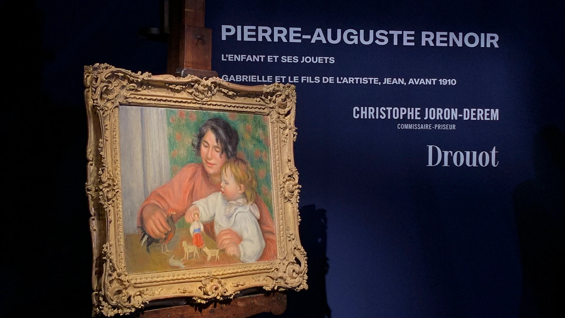 PARÍS, 16/10/2025.- Retrato 'El niño y sus juguetes', de Pierre-Auguste Renoir, que representa a su hijo Jean junto a su niñera Gabrielle Renard, conservado intacto en la misma familia desde antes de 1910 y valorado en entre 1 y 1,5 millones de euros, que será subastado el próximo 25 de noviembre en la casa Drouot de París. EFE/ Isabel Rodríguez Ramiro