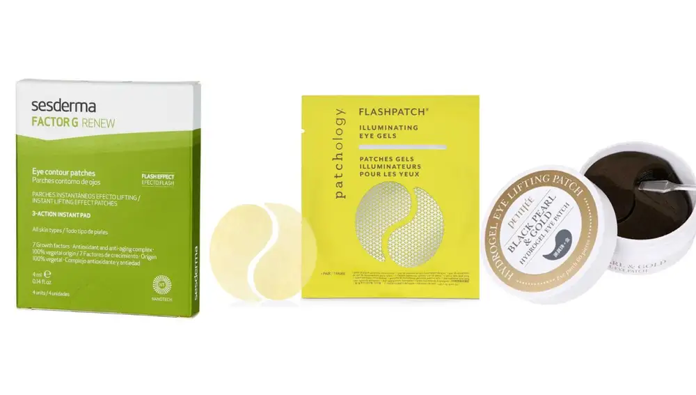 Factor G Renew de Sesderma, FlashPatch Illuminating Eye Gels de Patchology y Black Pearl & Gold Hydrogel Eye Patch de Petitfee.