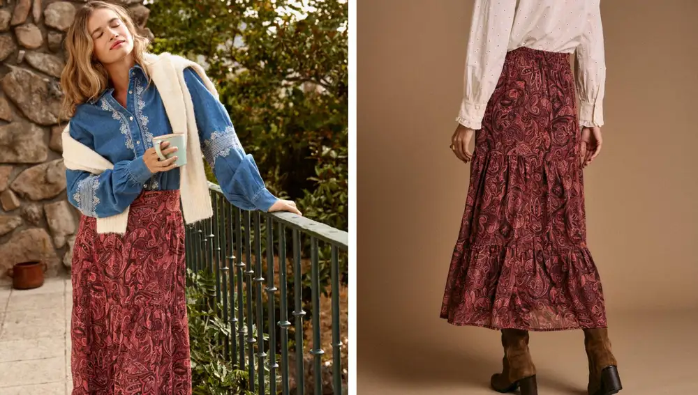 Camisa bordado denim Ángela (55,95€) y falda paisley Clau (59,95€)