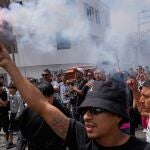 Relatives and friends carry the coffin of Eduardo Ruiz, a protester who died during an overnight protest against the newly installed President Jose Jeri in Lima, Peru, Saturday, Oct. 18, 2025. Relatives and friends carry the coffin of Eduardo Ruiz, a protester who died during an overnight protest against the newly installed President Jose Jeri in Lima, Peru, Saturday, Oct. 18, 2025.