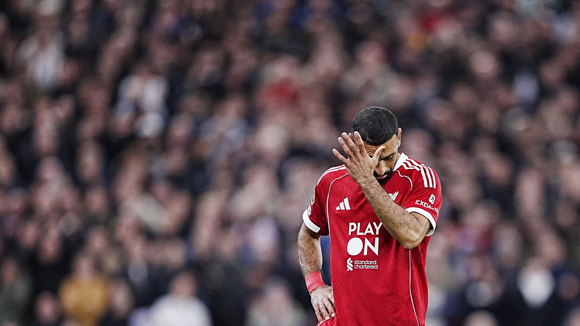 19 October 2025, United Kingdom, Liverpool: Liverpool's Mohamed Salah reacts during the English Premier League soccer match between Liverpool and Manchester United at Anfield. Photo: Peter Byrne/PA Wire/dpa 19/10/2025 ONLY FOR USE IN SPAIN