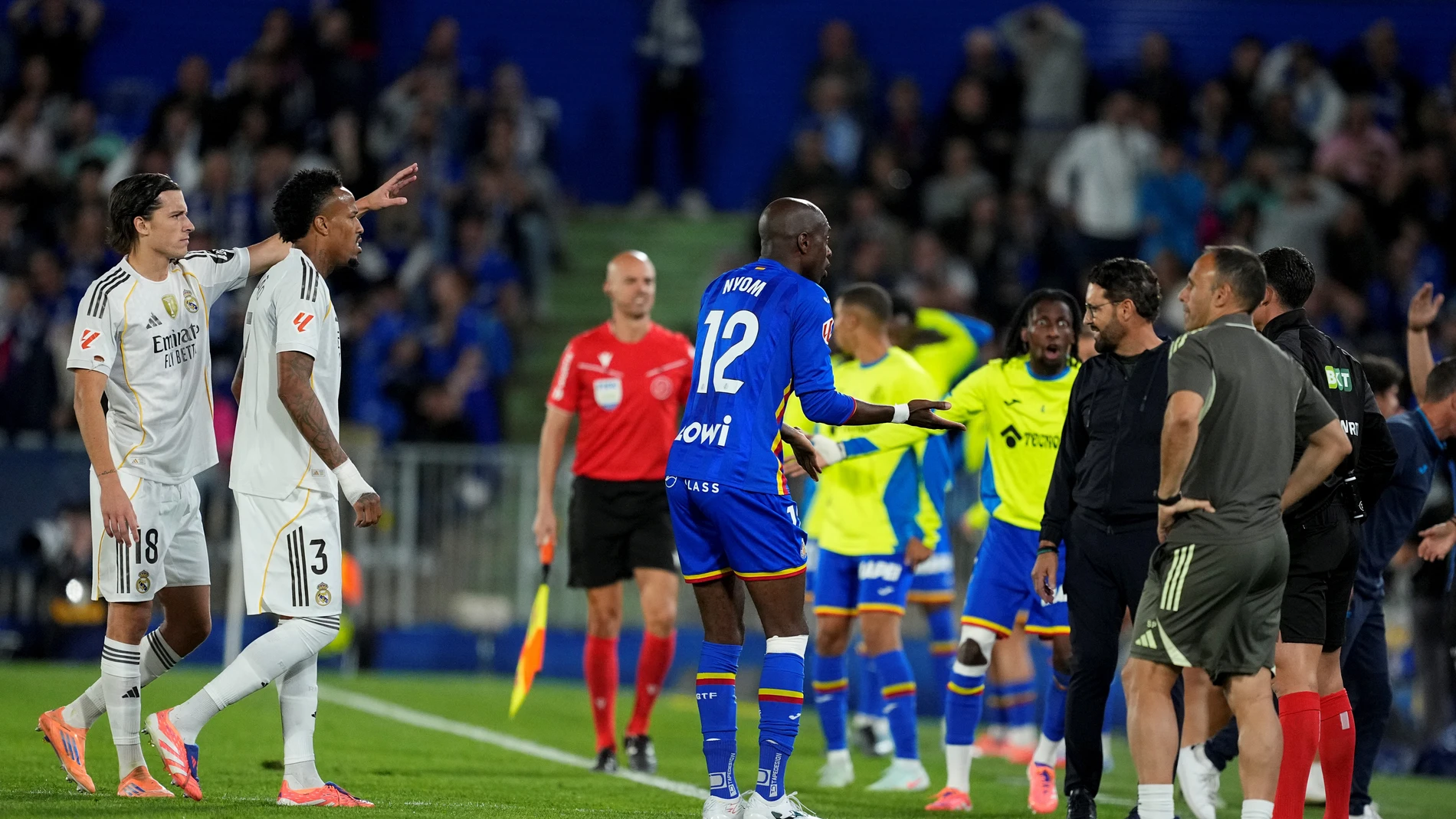 Allan Nyom of Getafe CF see the red card during the Spanish League, LaLiga EA Sports, football match played between Getafe CF and Real Madrid at Coliseum stadium on October 19, 2025 in Getafe, Madrid, Spain.AFP7 19/10/2025 ONLY FOR USE IN SPAIN