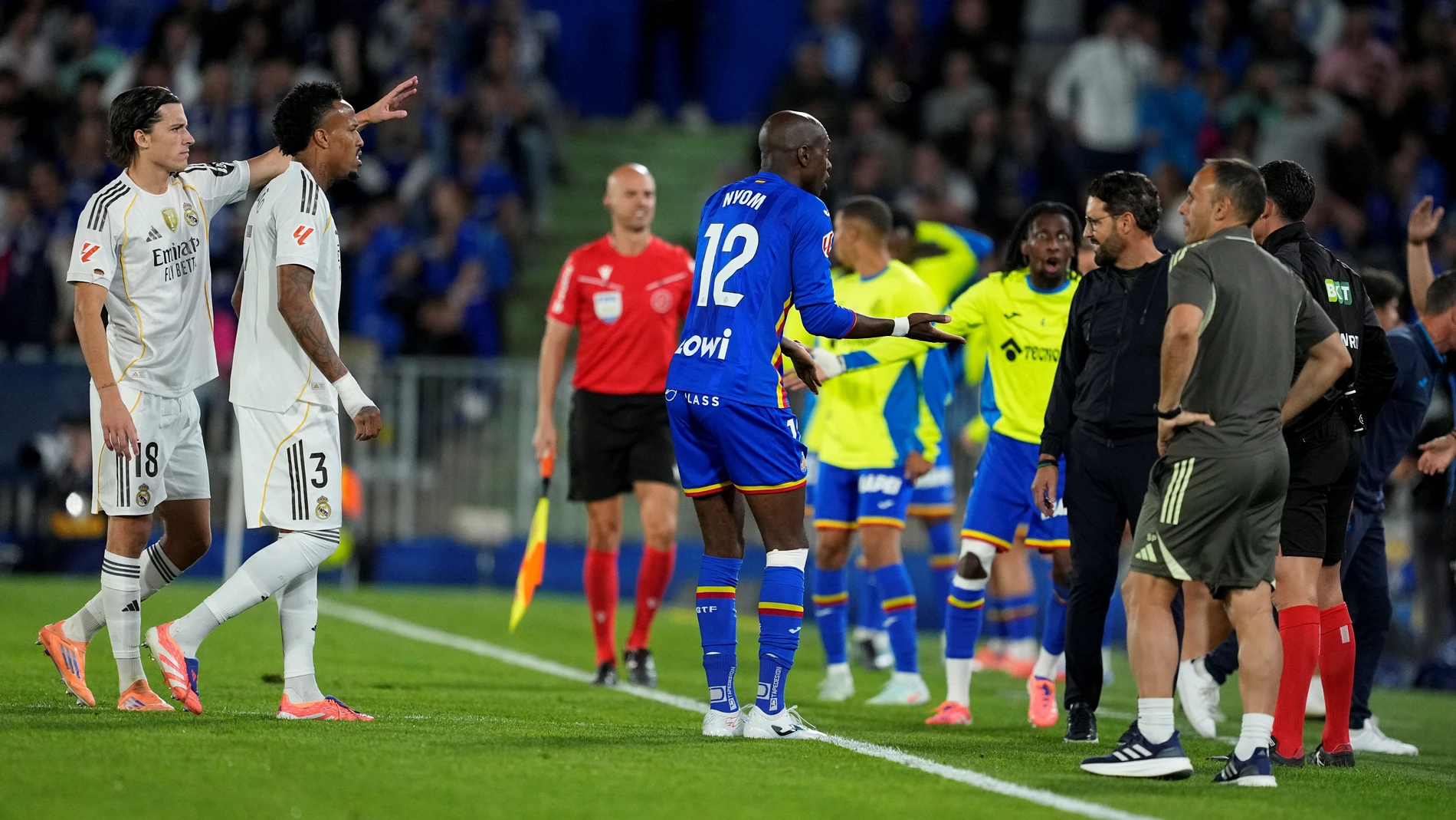 Allan Nyom of Getafe CF see the red card during the Spanish League, LaLiga EA Sports, football match played between Getafe CF and Real Madrid at Coliseum stadium on October 19, 2025 in Getafe, Madrid, Spain.AFP7 19/10/2025 ONLY FOR USE IN SPAIN