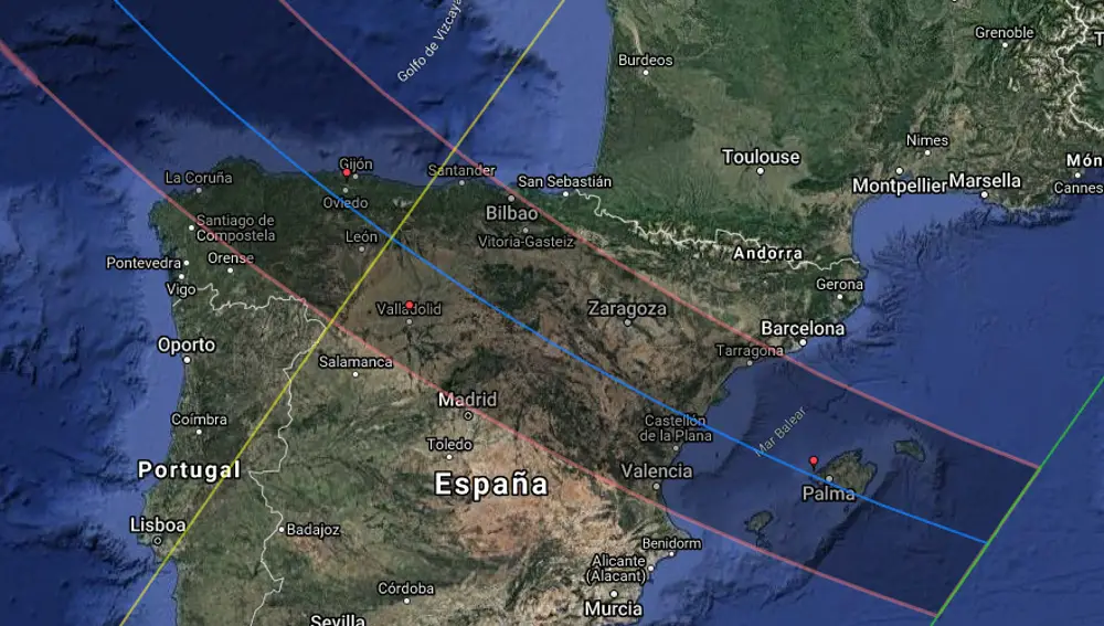 Mapa del paso del eclipse solar total de 2026 en España