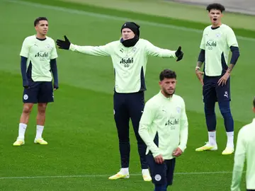 Erling Haaland, gran amenaza para el Villarreal 20 October 2025, United Kingdom, Manchester: Manchester City's Erling Haaland (C) reacts during a training session at the City Football Academy ahead of the UEFA Champions League soccer match against Villarreal CF on Tuesday. Photo: Martin Rickett/PA Wire/dpa20/10/2025 ONLY FOR USE IN SPAIN