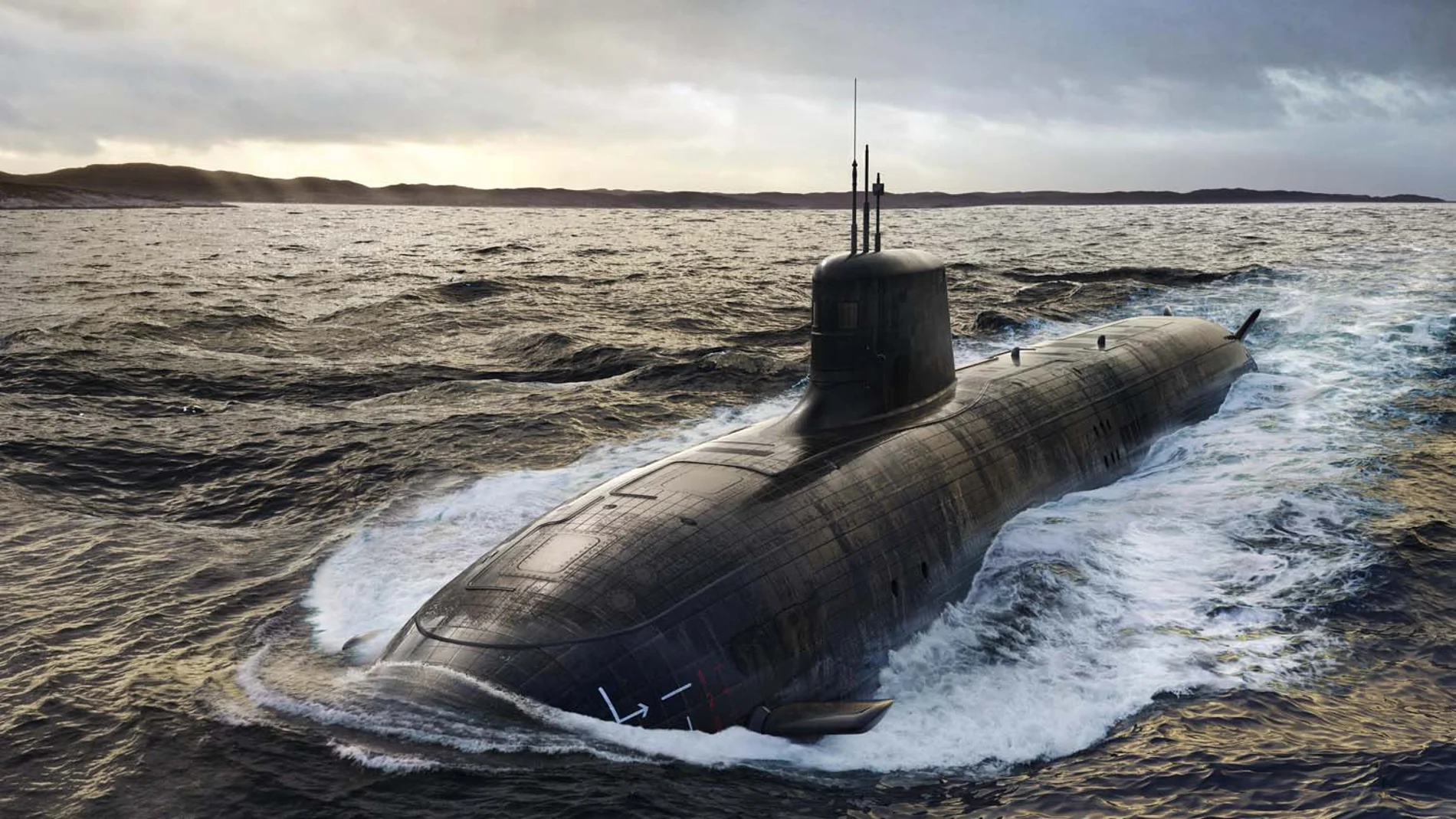Submarino de color negro navegando en superficie cerca de la costa