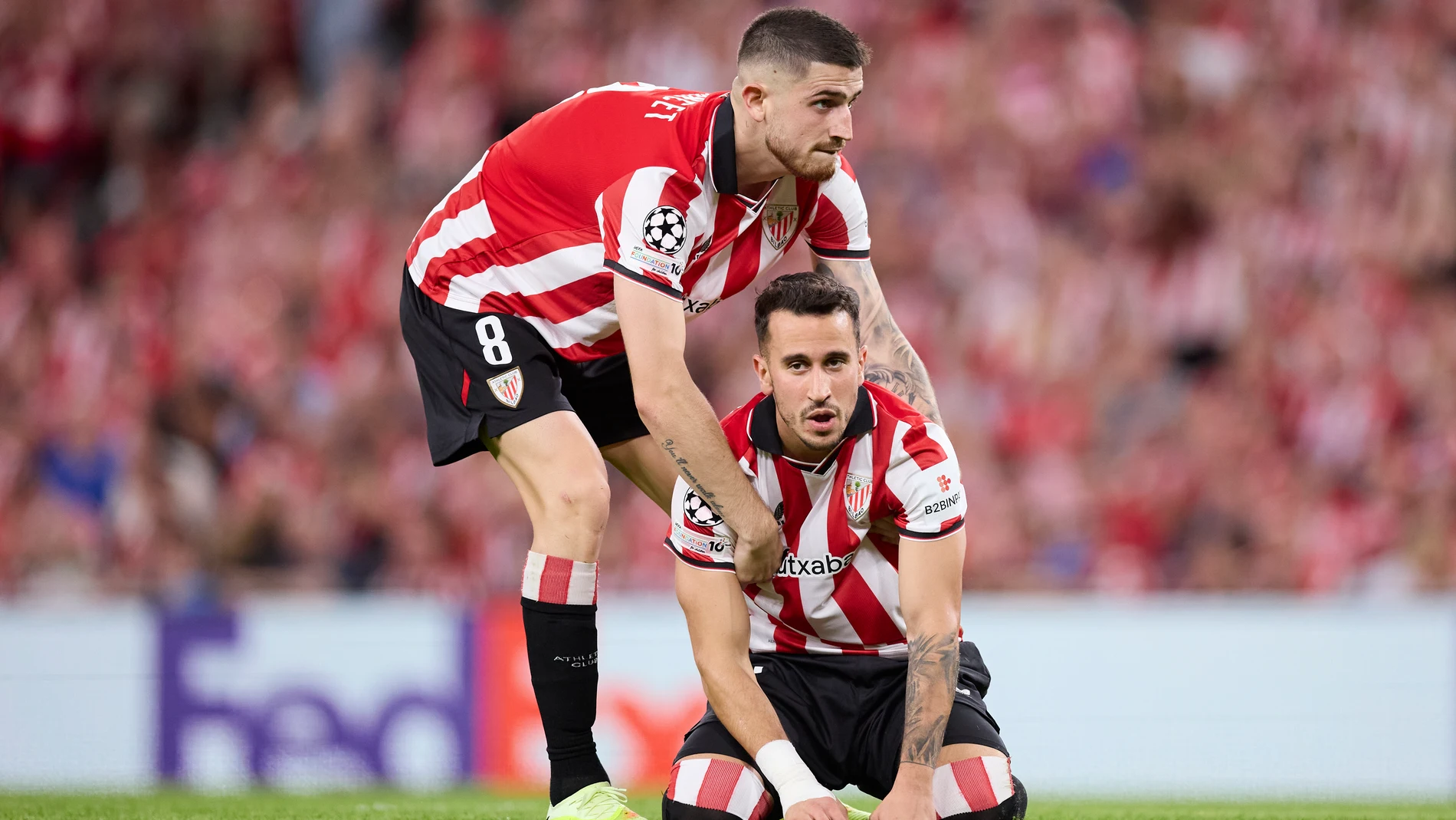 Oihan Sancet and Alex Berenguer of Athletic Club reacts during the UEFA Champions League 2025-26 League Phase MD3 match between Athletic Club and Qarabag FK at San Mames on October 22, 2025, in Bilbao, Spain. AFP7 22/10/2025 ONLY FOR USE IN SPAIN