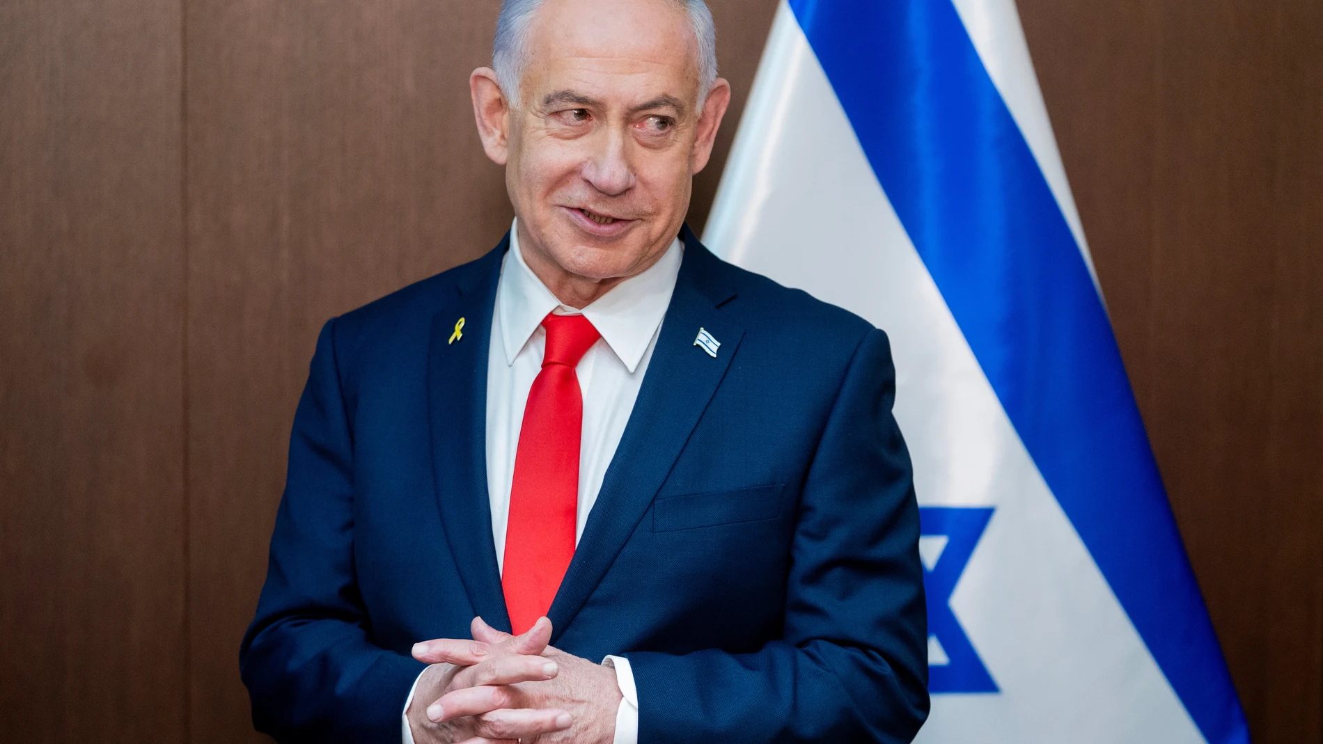 Israel's Prime Minister Benjamin Netanyahu speaks during a meeting with U.S. Vice President JD Vance, at the Prime Minister's Office in Jerusalem, Israel on Wednesday, Oct. 22, 2025. (Nathan Howard/The New York Times via AP, Pool)