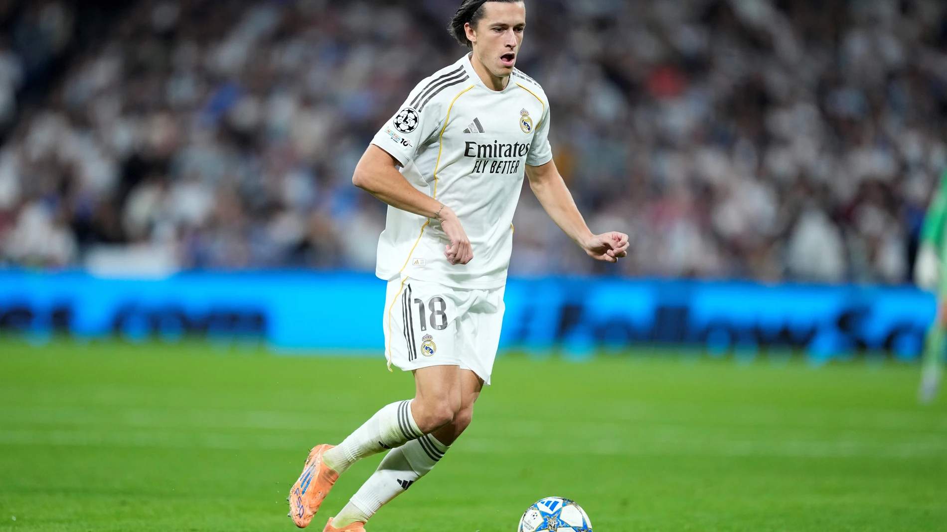 Alvaro Carreras of Real Madrid CF in action during the UEFA Champions League 2025/26 League Phase MD3 match between Real Madrid C.F. and Juventus FC at Estadio Santiago Bernabeu on October 22, 2025 in Madrid, Spain. AFP7 22/10/2025 ONLY FOR USE IN SPAIN