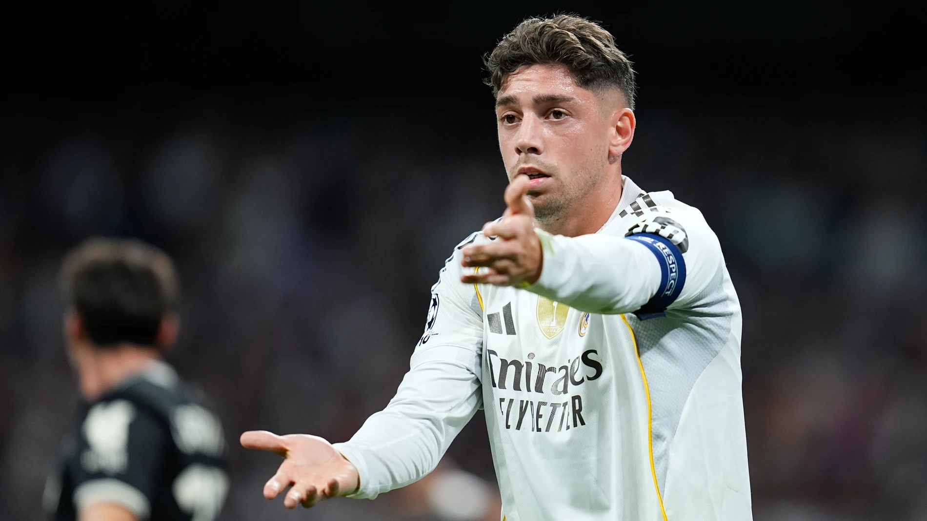 Federico Valverde of Real Madrid CF protests during the UEFA Champions League 2025/26 League Phase MD3 match between Real Madrid C.F. and Juventus FC at Estadio Santiago Bernabeu on October 22, 2025 in Madrid, Spain. AFP7 22/10/2025 ONLY FOR USE IN SPAIN