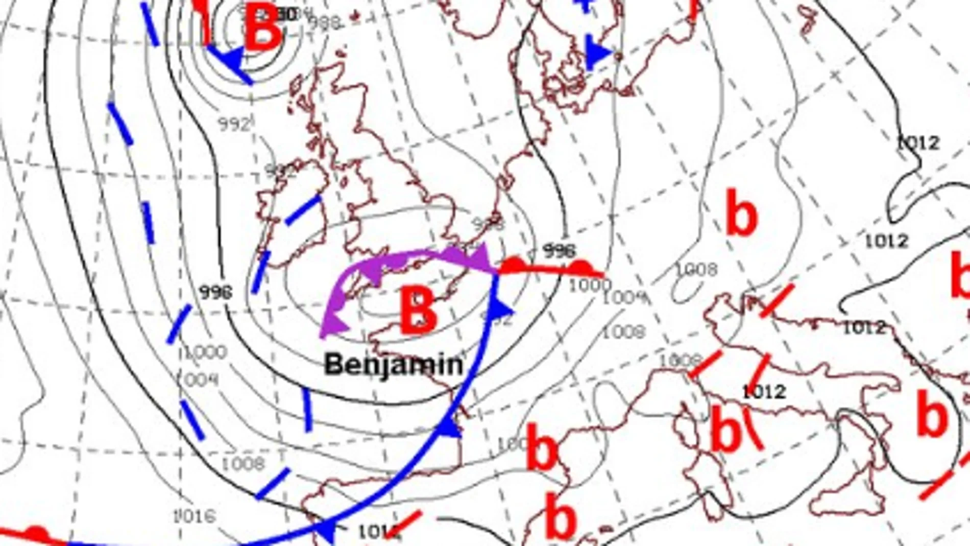 Mapa de superficie con la previsión de la borrasca Benjamín