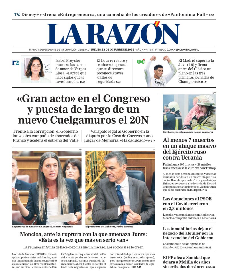 Portada de LA RAZÓN de este jueves 23 de octubre de 2025