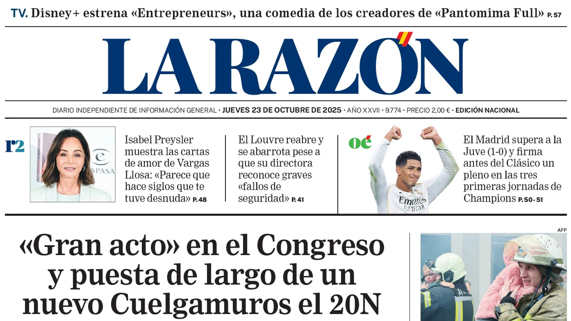 Portada de LA RAZÓN de este jueves 23 de octubre de 2025