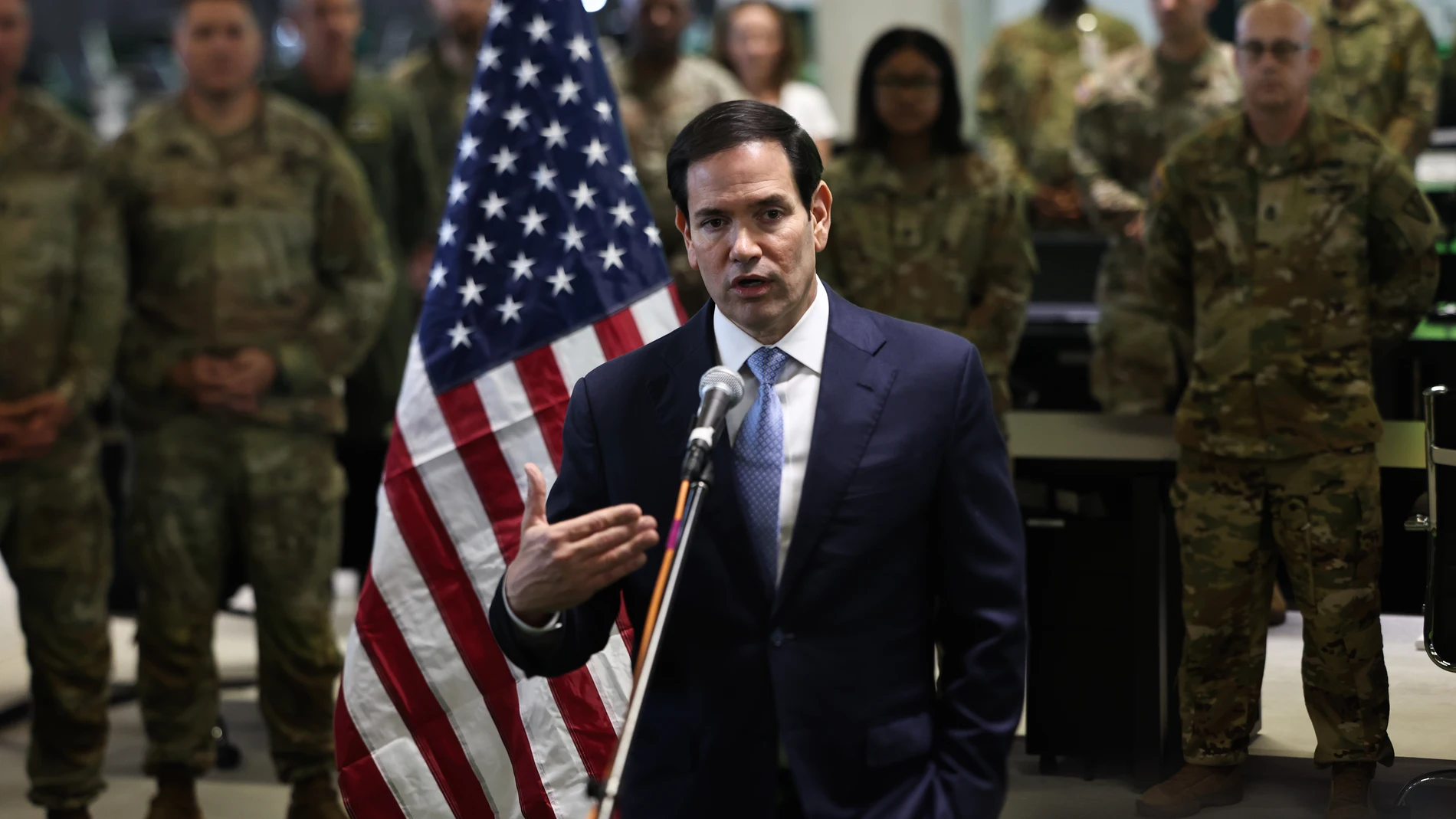 US Secretary of State Marco Rubio speaks to the media after visiting the Civil-Military Coordination Center in Southern Israel, Friday, Oct. 24, 2025. (Fadel Senna/Pool Photo via AP)