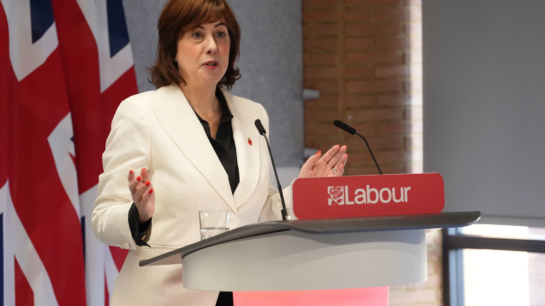 Lucy Powell speaks after being announced as the new Deputy Leader of the Labour Party, in central London, Saturday Oct. 25, 2025. (Lucy North/PA via AP)
