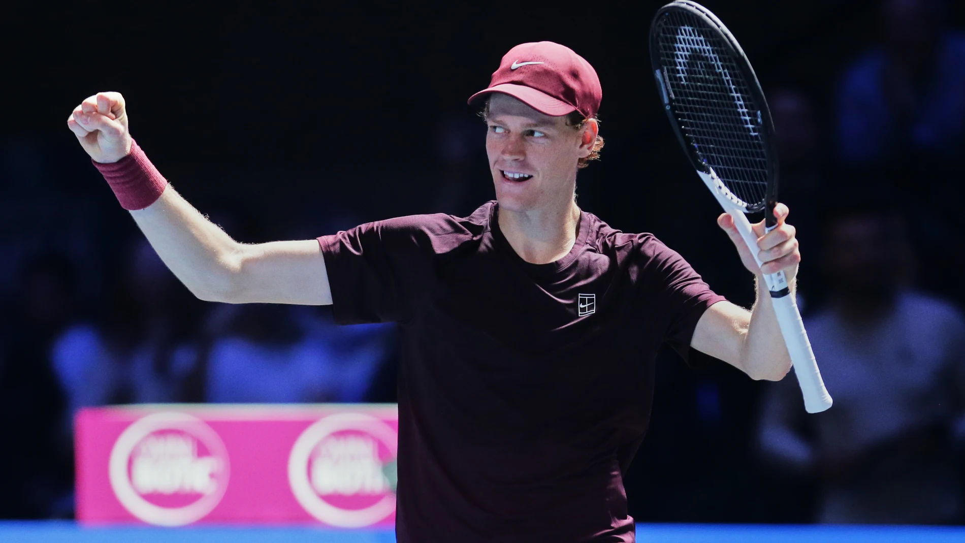 Jannik Sinner of Italy reacts after winning the final match against Germany's Alexander Zverev at the ATP tennis tournament in Vienna, Austria,Sunday, Oct. 26, 2025. (AP Photo/Heinz-Peter Bader)