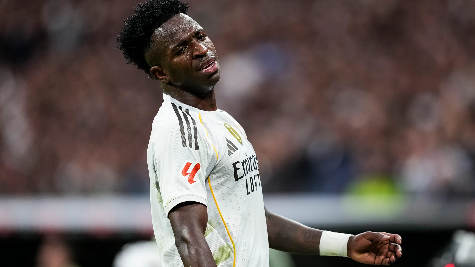 Vinicius Junior of Real Madrid CF reacts during the Spanish League, LaLiga EA Sports, football match played between Real Madrid C.F. and FC Barcelona at Santiago Bernabeu stadium on October 26, 2025, in Madrid, Spain. AFP7 26/10/2025 ONLY FOR USE IN SPAIN