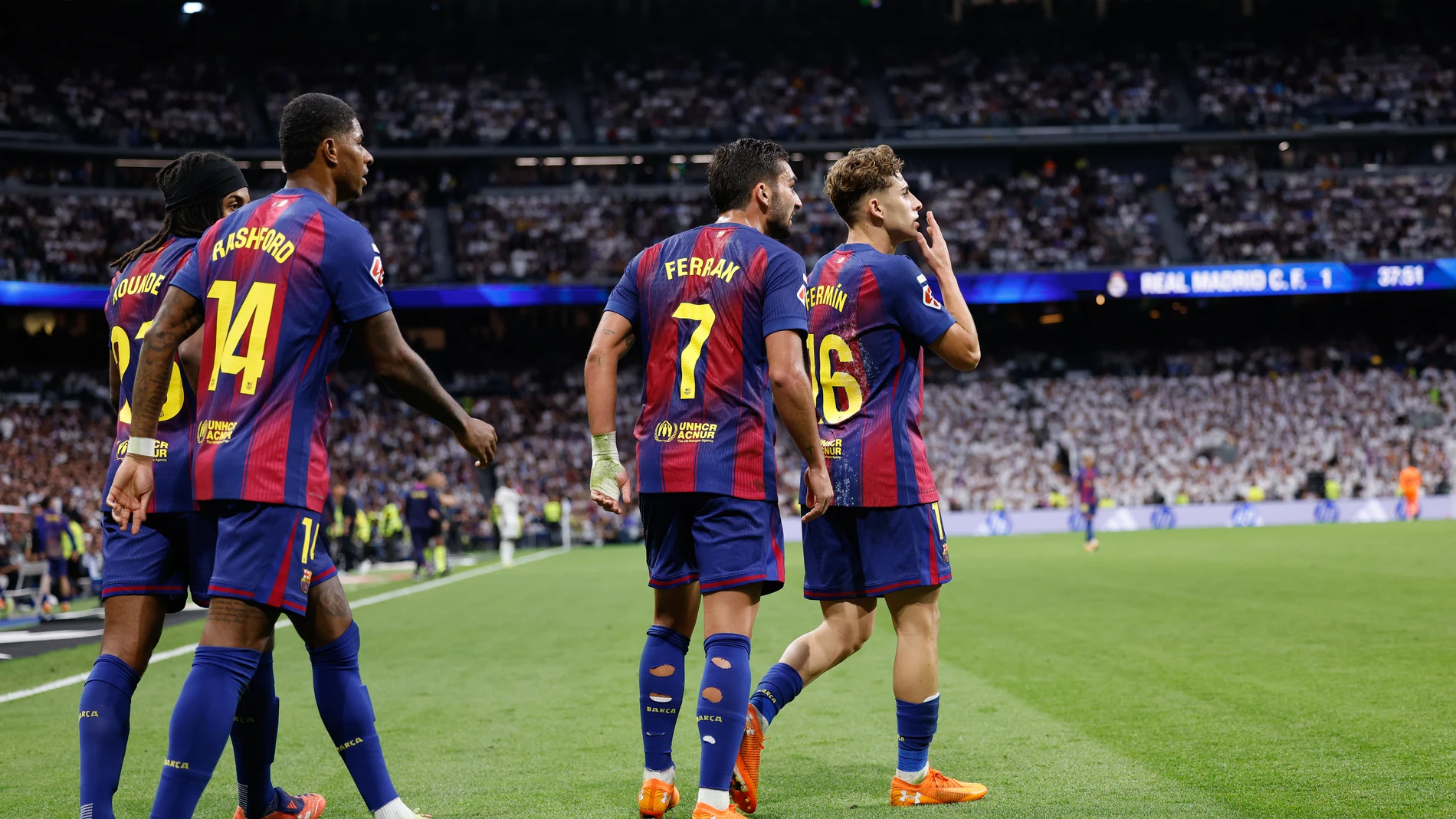 Fermin Lopez of FC Barcelona celebrates a goal during the Spanish League, LaLiga EA Sports, football match played between Real Madrid C.F. and FC Barcelona at Santiago Bernabeu stadium on October 26, 2025, in Madrid, Spain. AFP7 26/10/2025 ONLY FOR USE IN SPAIN