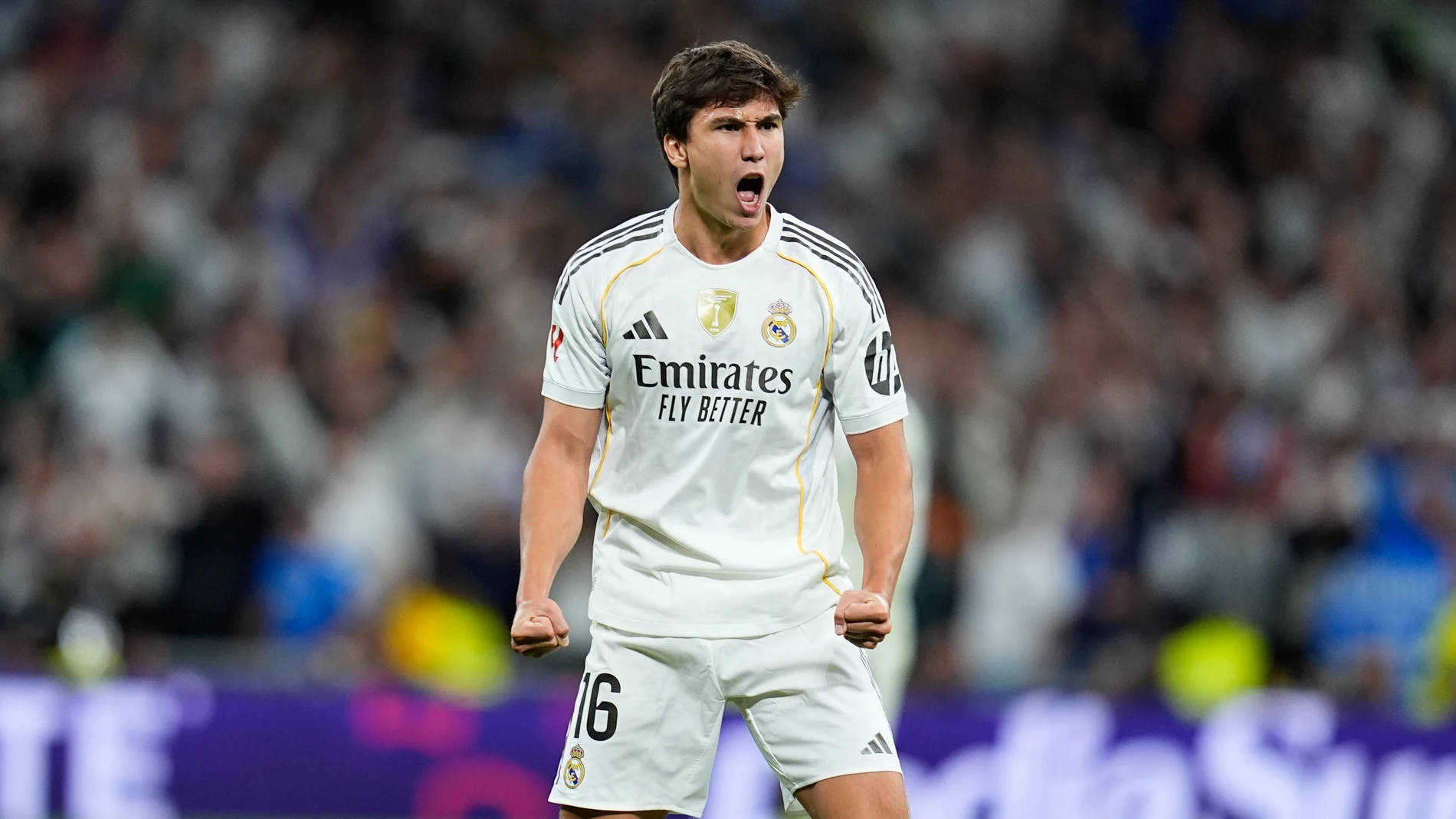 Gonzalo Garcia of Real Madrid CF celebrates the victory during the Spanish League, LaLiga EA Sports, football match played between Real Madrid C.F. and FC Barcelona at Santiago Bernabeu stadium on October 26, 2025, in Madrid, Spain. AFP7 26/10/2025 ONLY FOR USE IN SPAIN