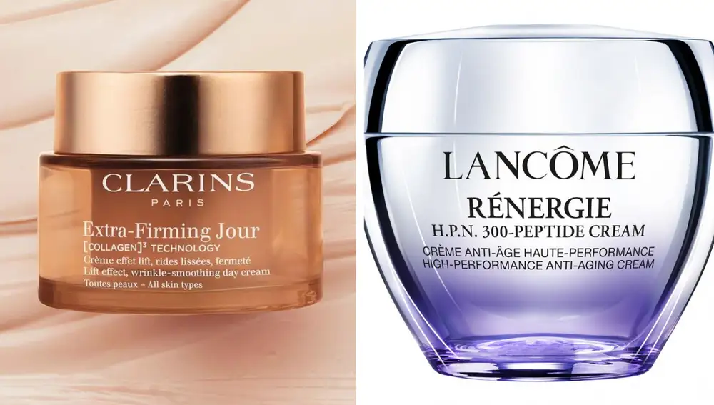 Extra-Firming Jour de Clarins y Rénergie H.P.N. 300-Peptide Cream de Lancôme, fórmulas que ayudan a mantener la firmeza y la elasticidad de la piel madura.