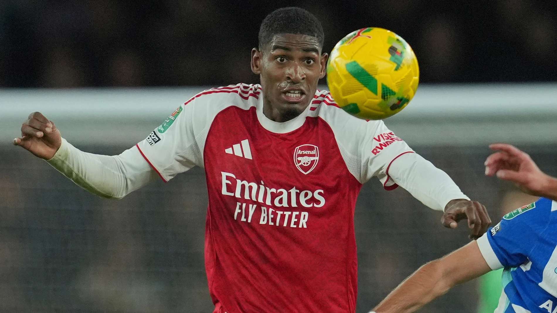 Arsenal's Cristhian Mosquera is in action during the English League Cup soccer match between Arsenal and Brighton & Hove Albion in London, Wednesday, Oct. 29, 2025. (AP Photo/Kin Cheung)