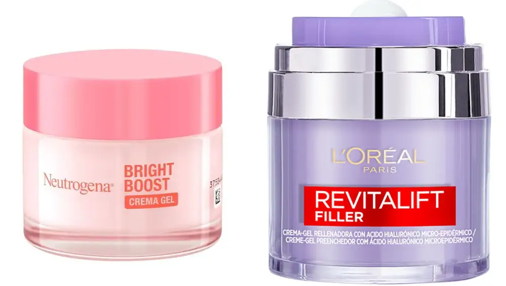 Bright Boost de Neutrogena y Revitalift Filler de L’Oréal París, dos opciones en textura gel que hidratan y aportan luminosidad.