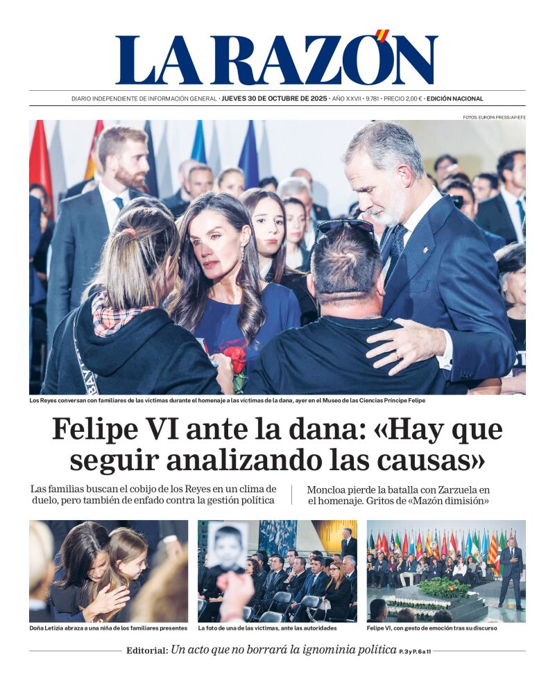 Portada de LA RAZÓN de este jueves 30 de octubre de 2025