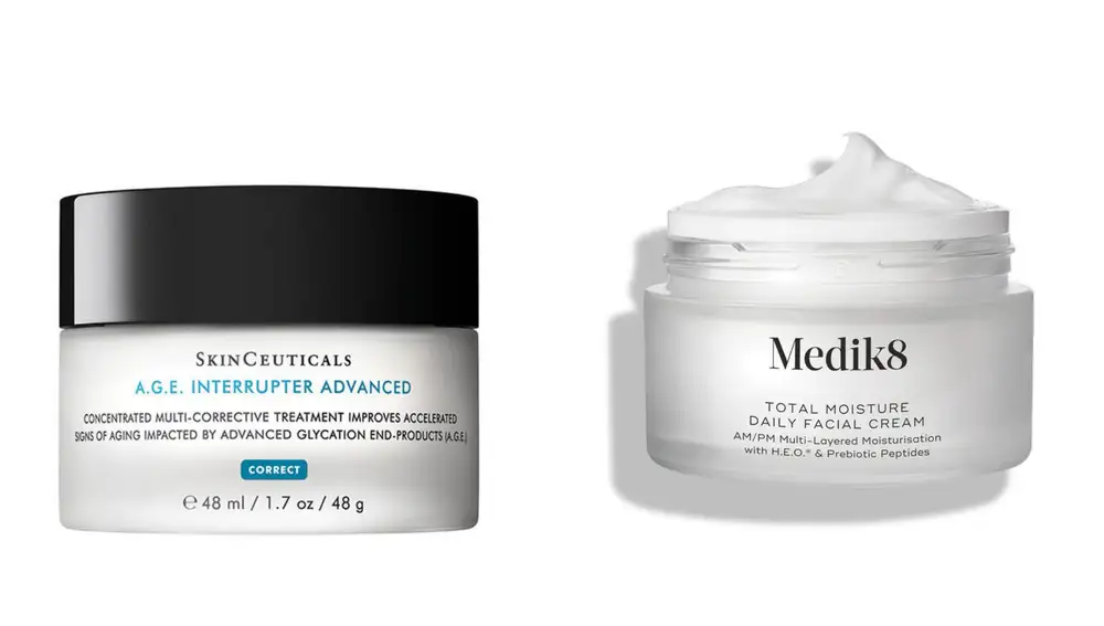 A.G.E. Interrupter Advanced de SkinCeuticals y Total Moisture Daily Facial Cream de Medik8, hidratantes que refuerzan la barrera cutánea y mejoran la sensación de confort en la piel.