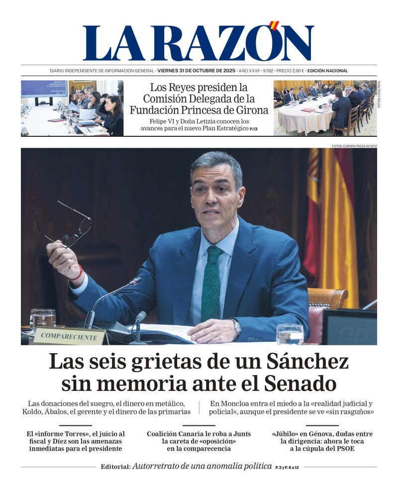 Portada de LA RAZÓN de este viernes 31 de octubre de 2025