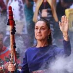 Claudia Sheinbaum Pardo, President of Mexico, participates in the ceremony to commemorate International Women's Day, Indigenous and working women: strength, struggle, and dignity, at the National Palace in Mexico City, Mexico, on March 8, 2025.