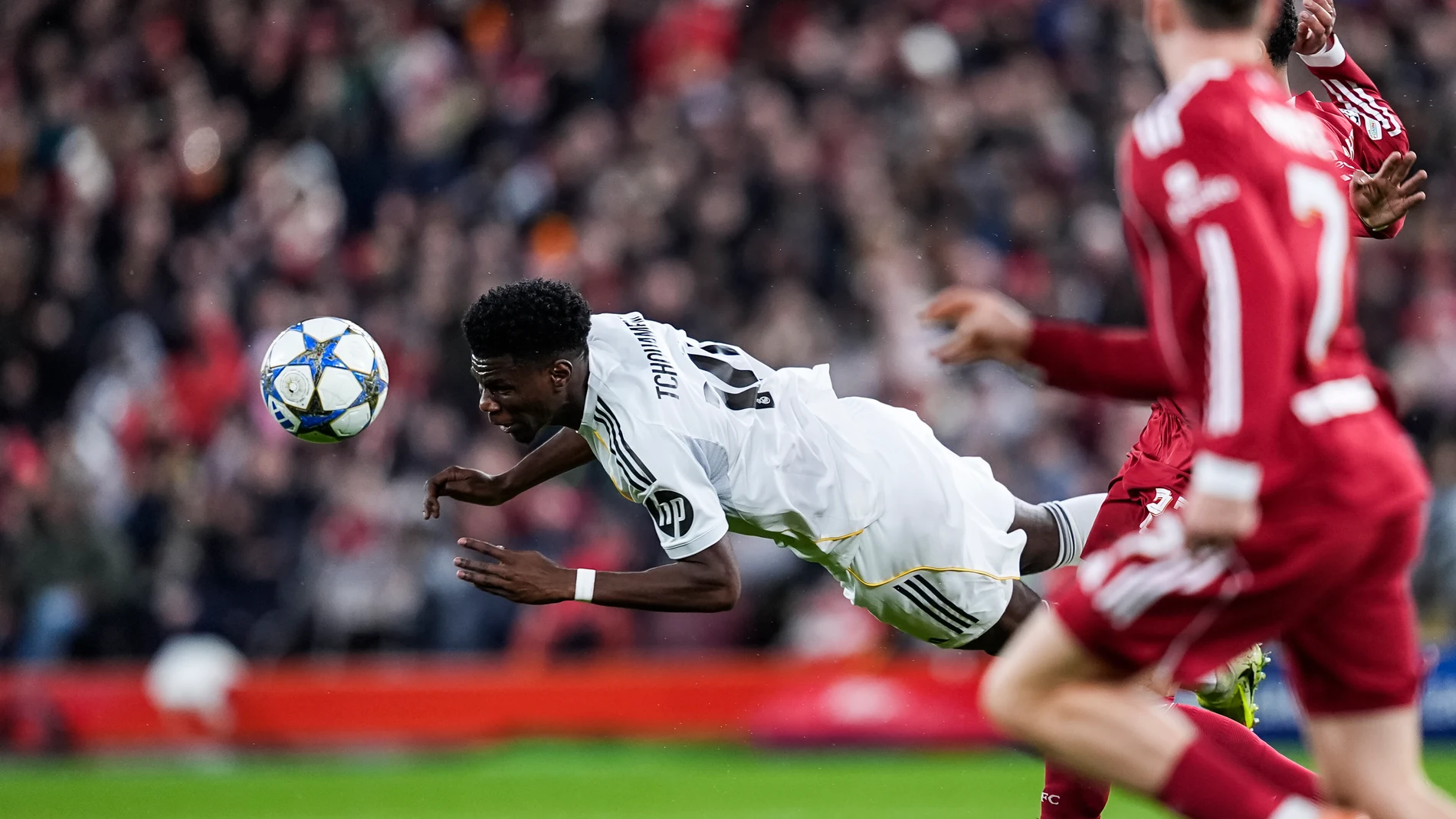 Aurelien Tchouameni of Real Madrid CF in action during the UEFA Champions League 2025/26 League Phase MD4 match between Liverpool FC and Real Madrid CF at Anfield on November 04, 2025 in Liverpool, England.AFP7 04/11/2025 ONLY FOR USE IN SPAIN