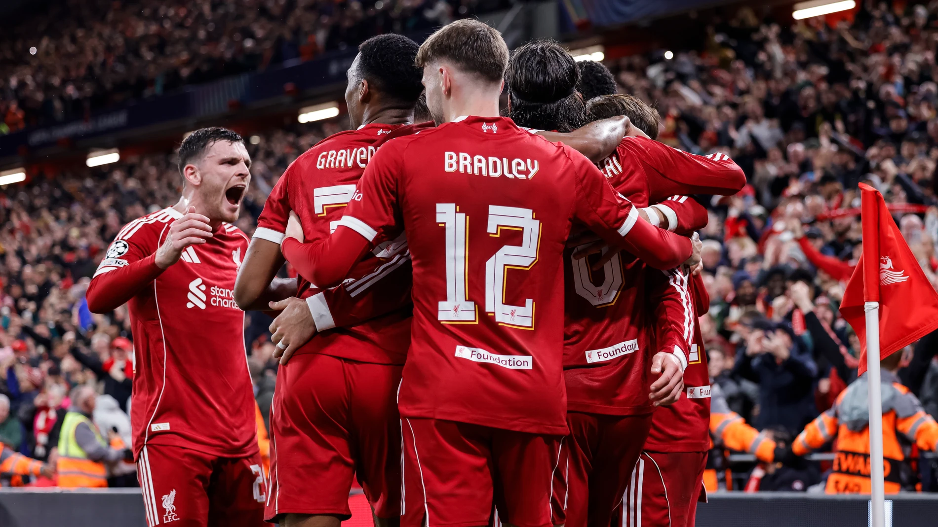 Alexis Mac Allister of Liverpool FC celebrates a goal with his teammates during the UEFA Champions League 2025/26 League Phase MD4 match between Liverpool FC and Real Madrid CF at Anfield on November 04, 2025 in Liverpool, England. AFP7 04/11/2025 ONLY FOR USE IN SPAIN