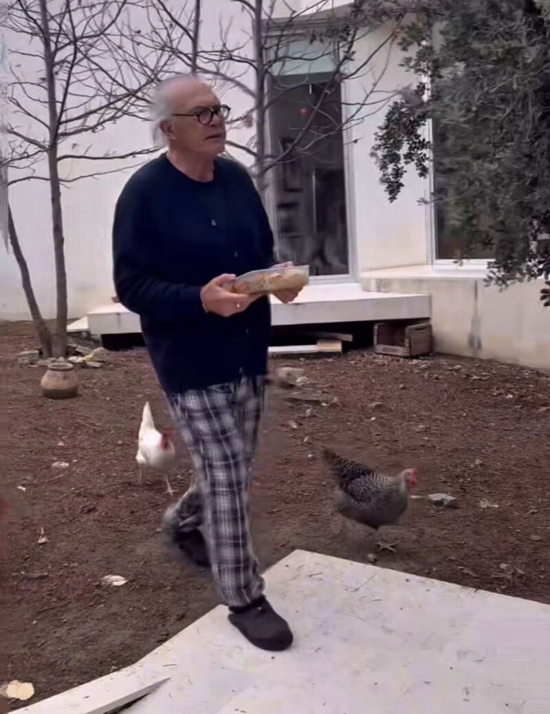 Pedro Piqueras en pijama entre gallinas