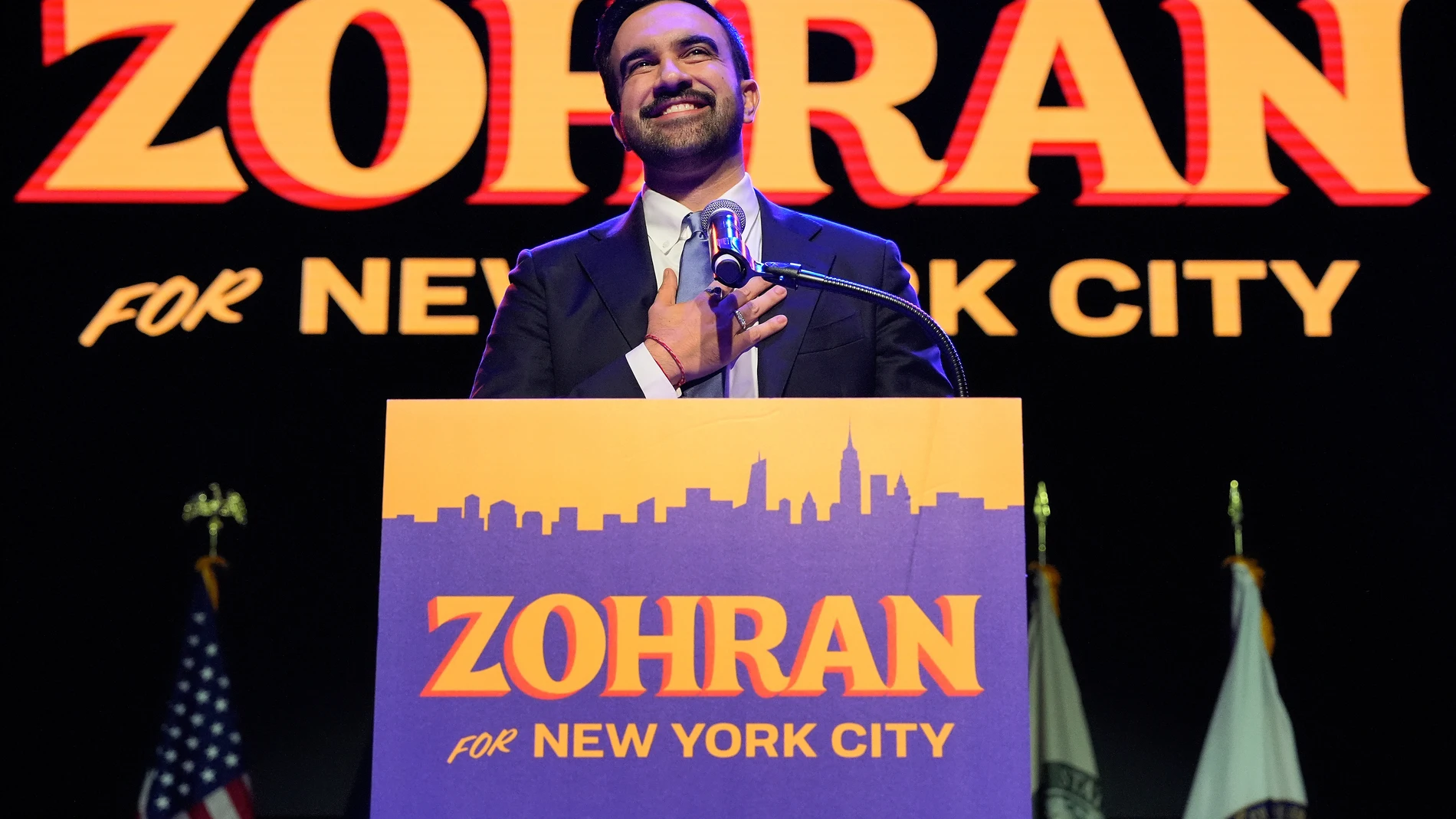 FILE - Democrat Zohran Mamdani delivers his victory speech at a mayoral election night watch party in New York, Nov. 4, 2025. (AP Photo/Yuki Iwamura, File)