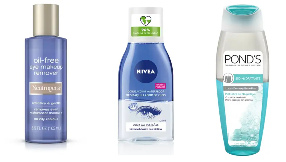De izquierda a derecha: Oil-Free Eye Makeup Remover de Neutrogena, Desmaquillador de Ojos Doble Acción de Nivea y Loción Dual Bio-Hydratante de Pond’s.