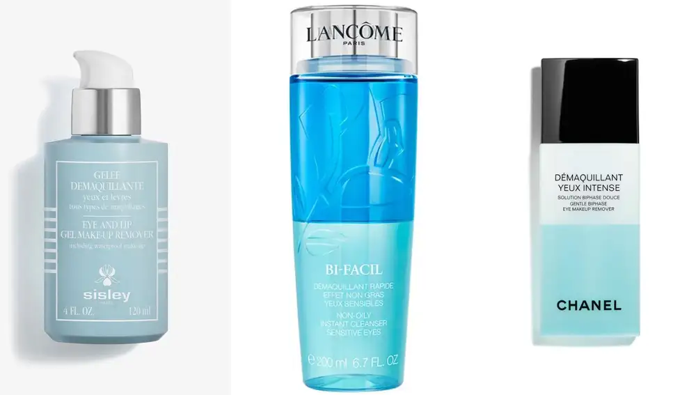 De izquierda a derecha: Eye and Lip Gel Make-up Remover de Sisley, Bi-Facil de Lancôme y Démaquillant Yeux Intense de Chanel.