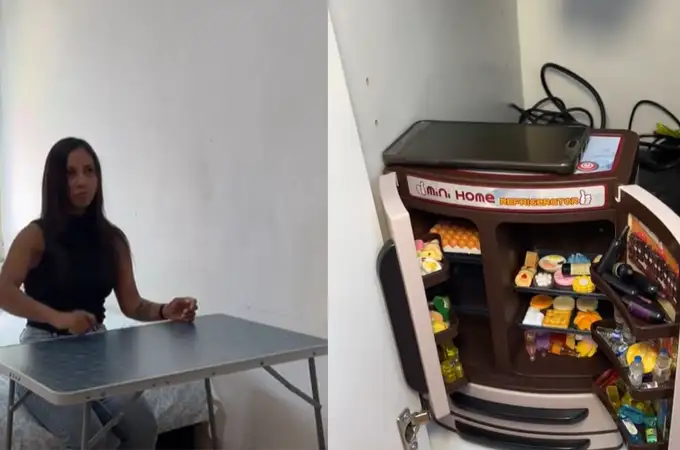 Una familia de tres inmigrantes vive en una habitación y con una mesa plegable: Una familia de tres inmigrantes vive en una habitación y con una mesa plegable: