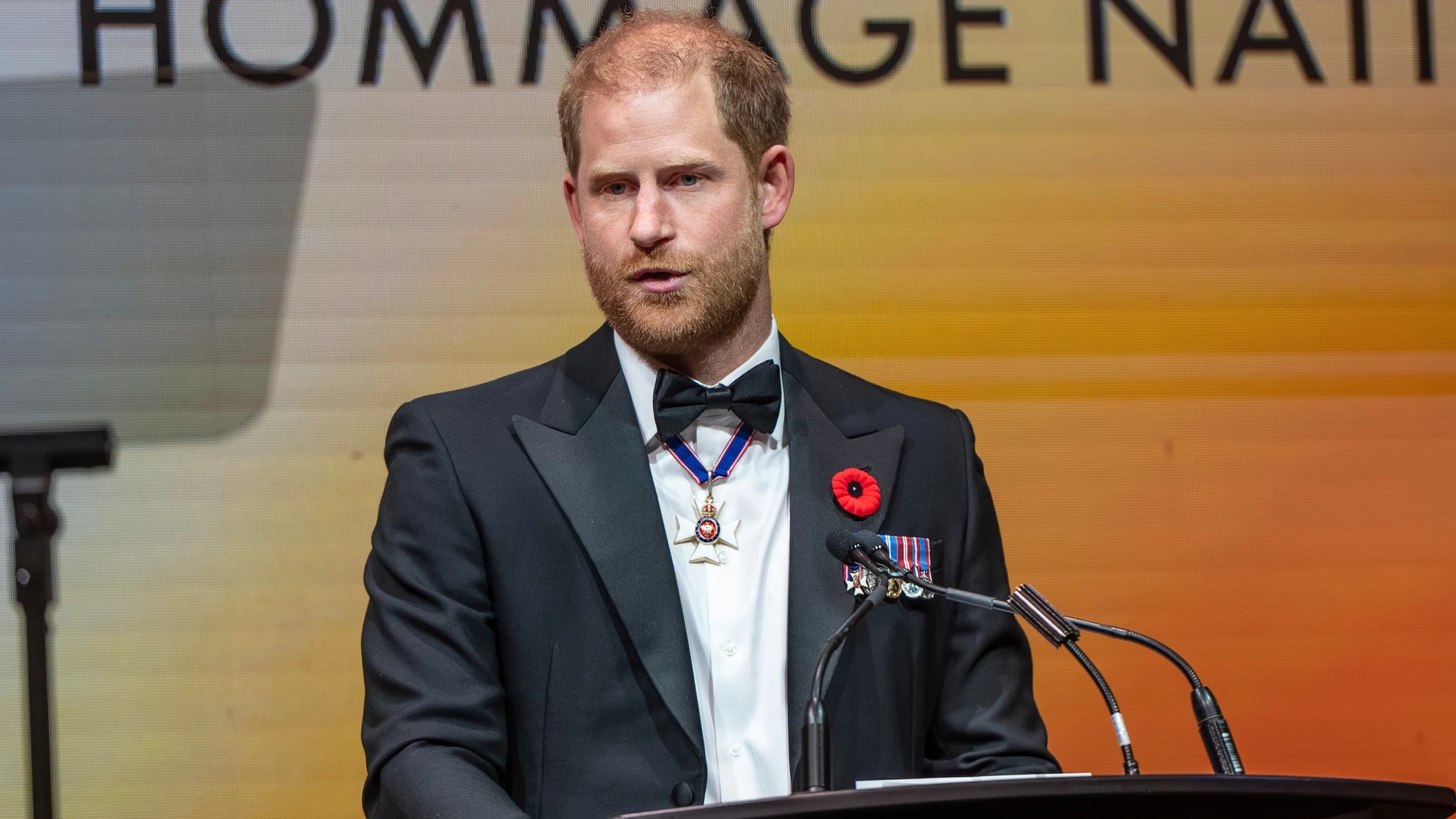 Britain's Prince Harry, Duke of Sussex, delivers remarks at the True Patriot Love's National Tribute Dinner in Toronto, Thursday, Nov. 6, 2025. (Eduardo Lima/The Canadian Press via AP)