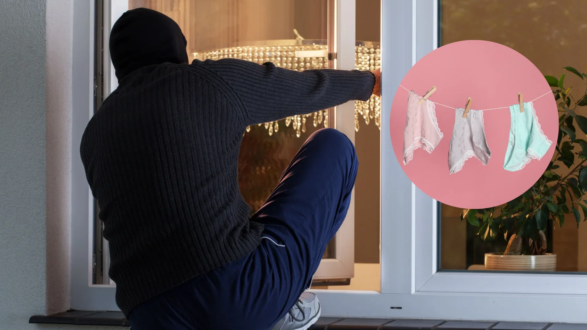 Imagen de un ladrón entrando a una casa junto a una ropa interior