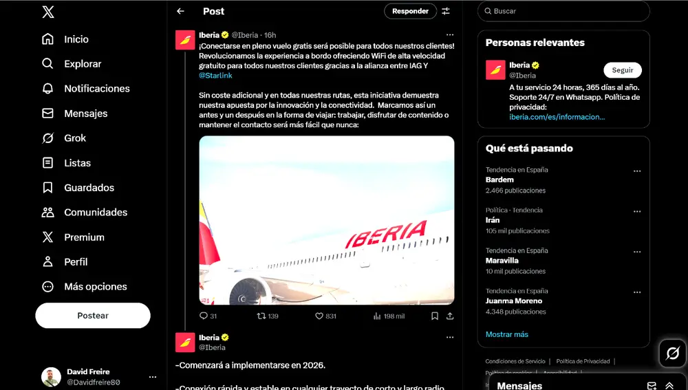 Captura de pantalla del post de Iberia en X anunciando su nuevo servicio de WiFi gratis