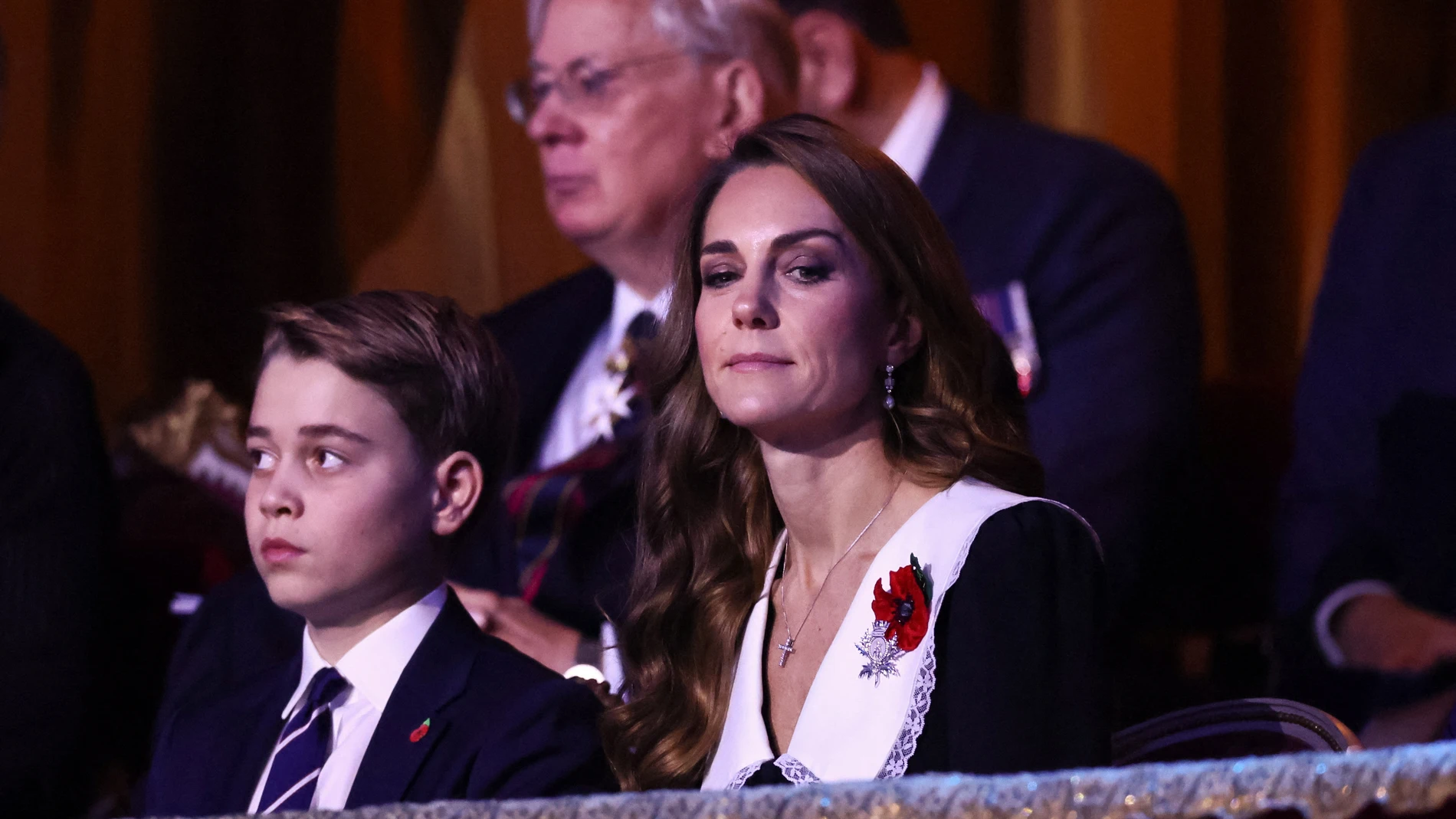 Britain's Kate, Princess of Wales, and Prince George attend the Royal Albert Hall for the Royal British Legion Festival of Remembrance, an annual event honouring military service members, which holds special significance in 2025 as it marks the 80th anniversary of the end of World War Two, at the Royal Albert Hall in London, Nov. 8, 2025. (Jack Taylor/Pool Photo via AP)
