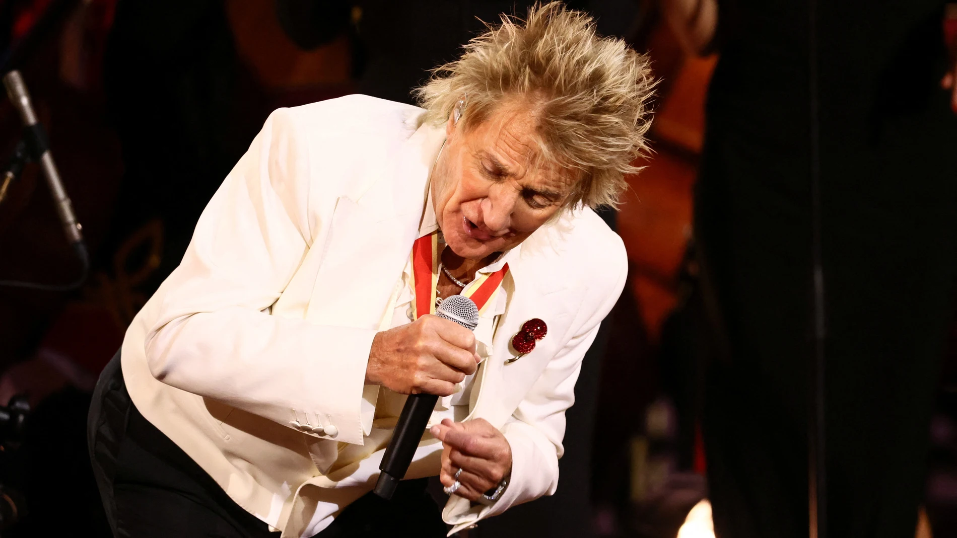 Rod Stewart performs during the Royal British Legion Festival of Remembrance, an annual event honouring military service members, which holds special significance in 2025 as it marks the 80th anniversary of the end of World War Two, at the Royal Albert Hall in London, Nov. 8, 2025. (Jack Taylor/Pool Photo via AP)