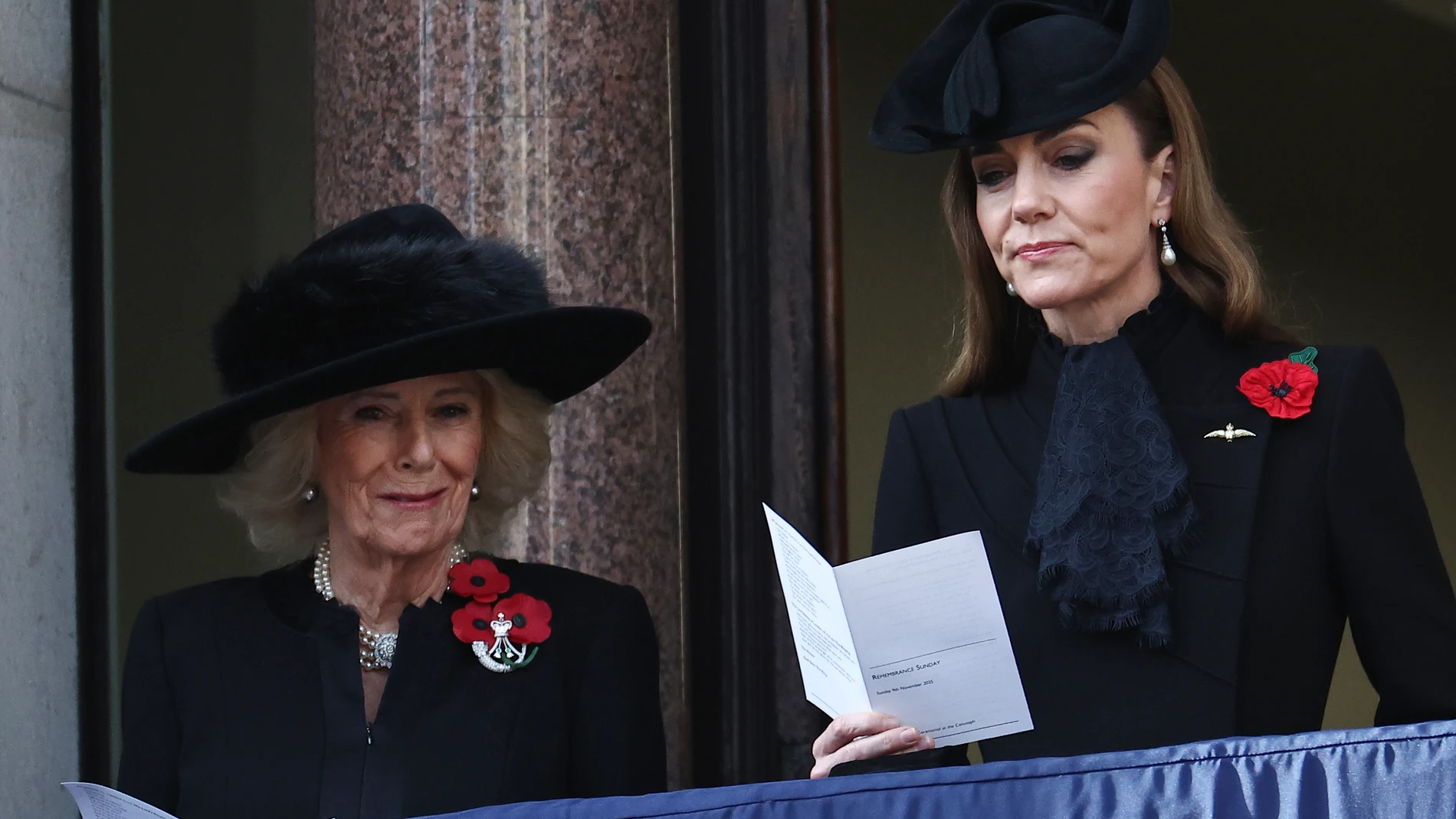 Britain's Queen Camilla, left, and Kate, Princess of Wales, attend the Remembrance Sunday ceremony at the Cenotaph on Whitehall in central London, Nov. 9, 2025. (Henry Nicholls/Pool Photo via AP)
