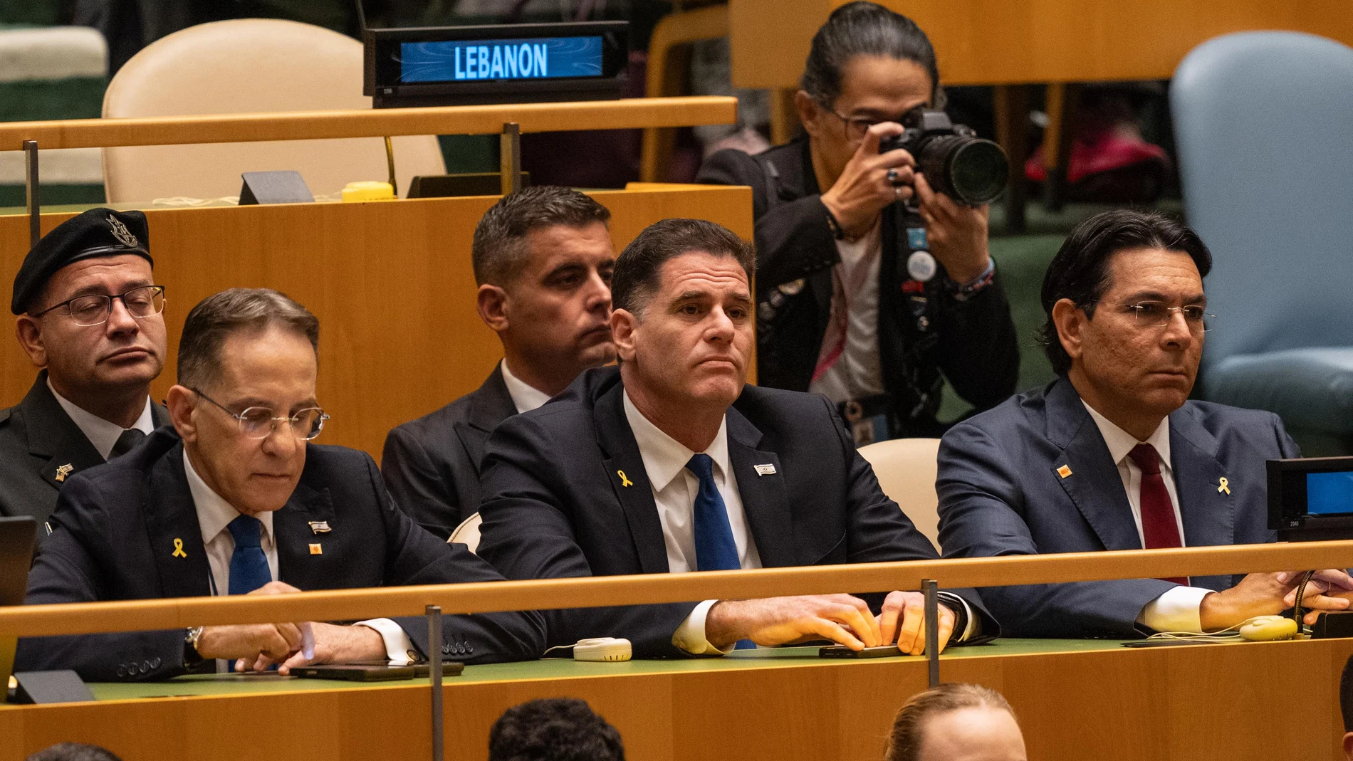 September 26, 2025, Bronx, New York, USA: Chief of Staff of the Prime Minister of Israel Tzachi Braverman,. Minister of Strategic Affairs of Israel Ron Dermer, Ambassador Danny Danon attend debate as Benjamin Netanyahu Prime Minister of Israel speaks during the General Debate of the 80th session of the United Nations General Assembly at United Nations headquarters in New York, New York, NY, September 26, 2025. Europa Press/Contacto/Lev Radin 26/09/2025 ONLY FOR USE IN SPAIN